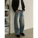 男女潮牌直筒baggy休闲裤 INKNOTS美式 复古水洗做旧宽松弯刀牛仔裤