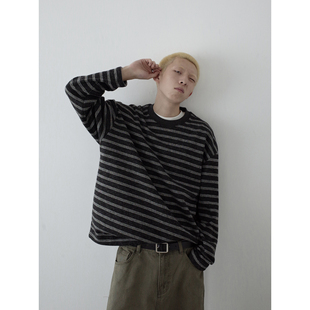 INKNOTS美式复古条纹长袖T恤男女慵懒风宽松圆领针织衫内搭毛衣潮