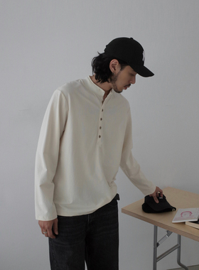 INKNOTS美式极简240G亨利领长袖T恤男女宽松慵懒休闲vibe打底上衣