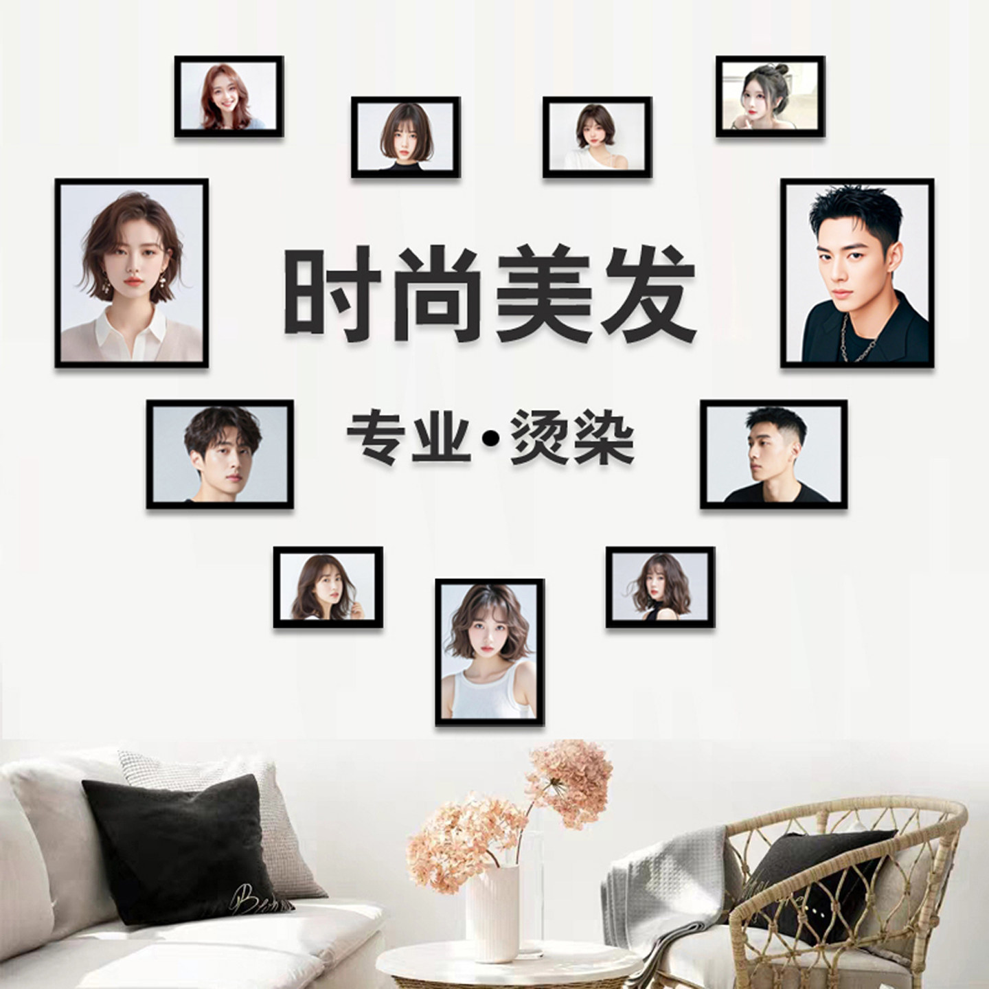 理发店墙面装饰发型图片美发店网红背景墙壁画心形立体雕刻字自粘