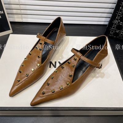 法式复古铆钉低跟玛丽珍女鞋