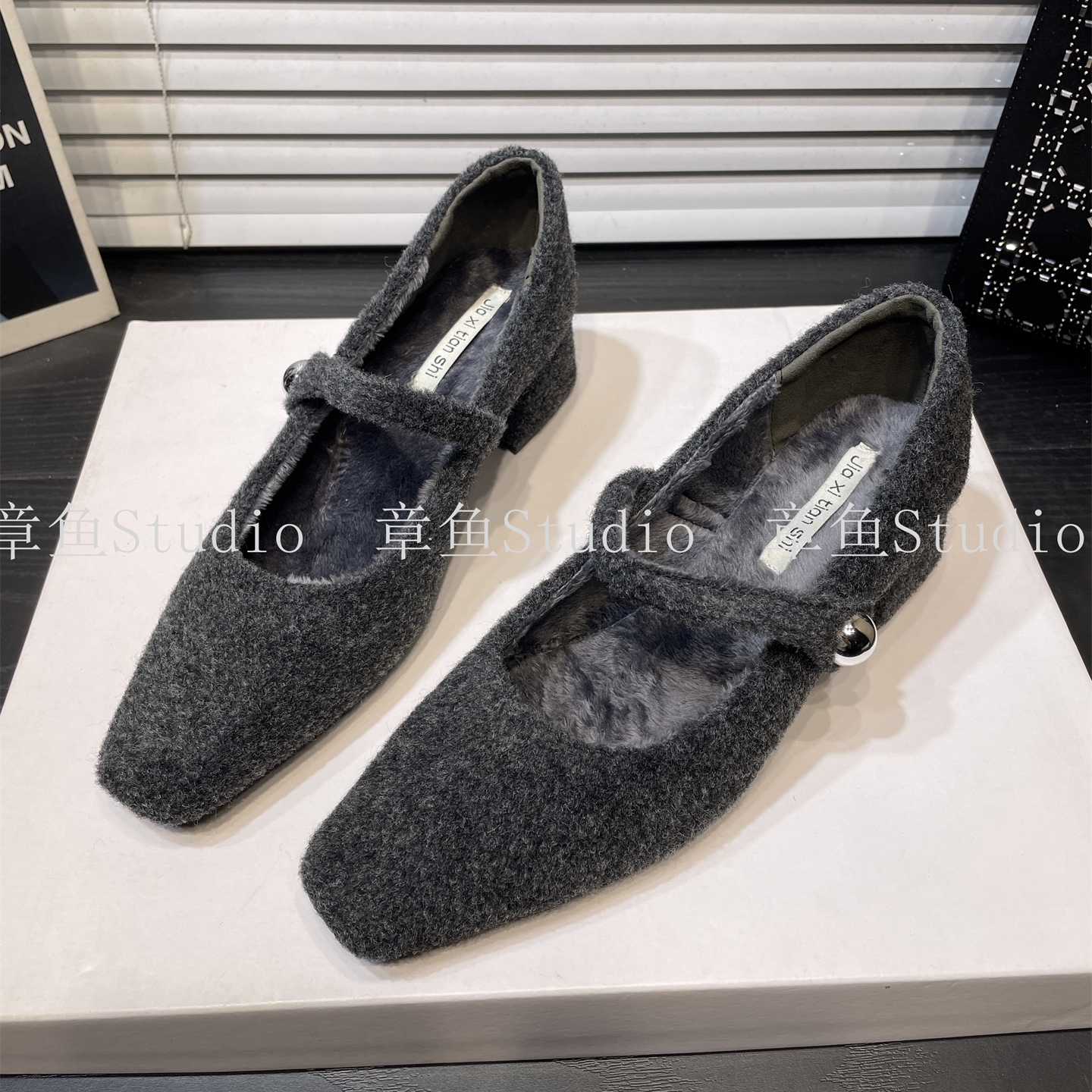 复古高级感方头一字带玛丽珍鞋