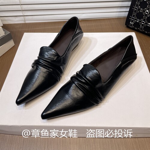 法式软皮舒适尖头褶皱深口单鞋