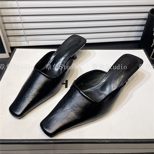 2025新款 小方头细跟软皮包头拖鞋 百搭高跟穆勒半拖女 法式 高级感