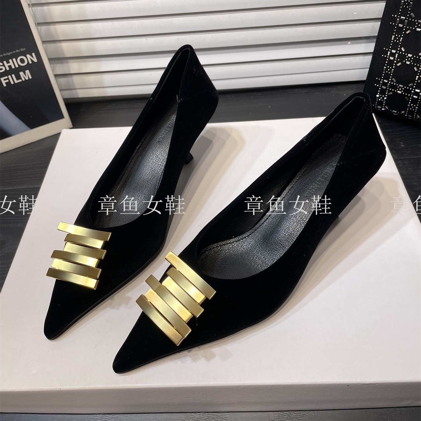 法式细跟绒面金属扣浅口尖头单鞋女2026春新款中跟百搭复古高跟鞋,女鞋,浅口单鞋,淘宝优惠券,粉丝福利购,淘宝优惠卷