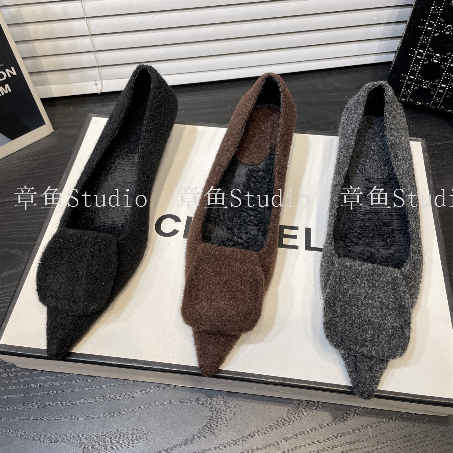 法式尖头毛呢浅口单鞋高跟鞋