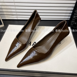 酒红色气质高跟鞋女2025年新款春秋尖头浅口细跟职业工作单鞋女