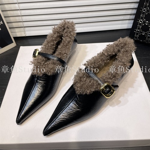 坡跟法式气质加绒尖头玛丽珍单鞋