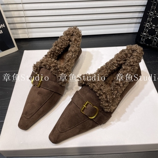 绒面内增高羊羔毛深口尖头单鞋女2025冬季新款加绒时尚小皮鞋棉鞋