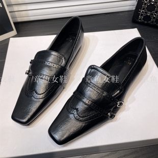 复古老钱风内增高方头乐福鞋 女双扣带布洛克气质百搭英伦小皮鞋