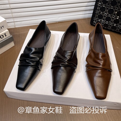 法式低跟软皮舒适褶皱深口单鞋