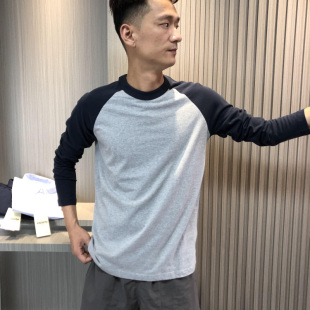 T恤衫 HK订单 休闲重磅纯棉百搭插肩拼接长袖 美式 男 全棉水洗磨毛