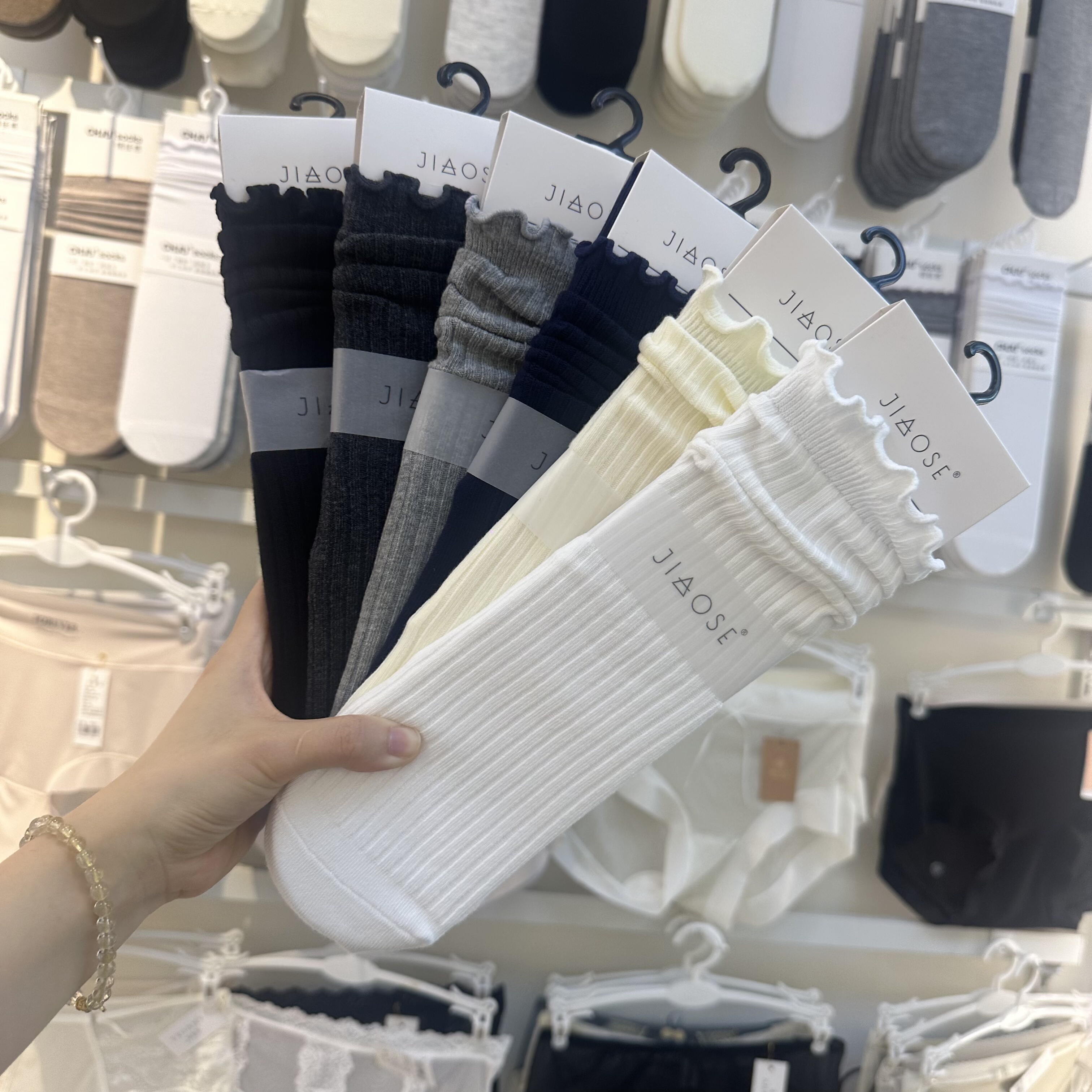5双包邮JIAOSE30218卷边木耳边直板女袜竖条棉有跟堆堆袜中筒袜