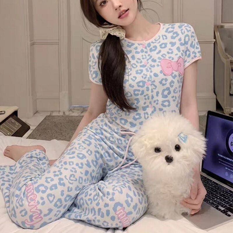 睡衣女士酷丝棉阔腿裤短装上衣休闲豹纹带抽绳宽松舒适家居服套装