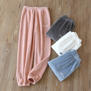 女款秋冬季大码睡裤法兰绒加厚保暖居家仙女长裤外穿卡通纯色百搭