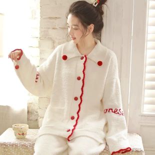 长裤 新款 女士长袖 翻领开衫 宽松家居服可外穿 半边绒两件套秋冬新款