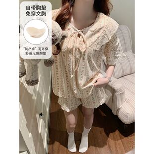 夏季 睡衣女简约舒适拉架休闲家居服薄款 圆领花边套装 短裤 短袖 新款