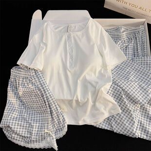 带胸垫春夏季女款莫代尔三件套格子圆领套头舒适家居服裤子带口袋