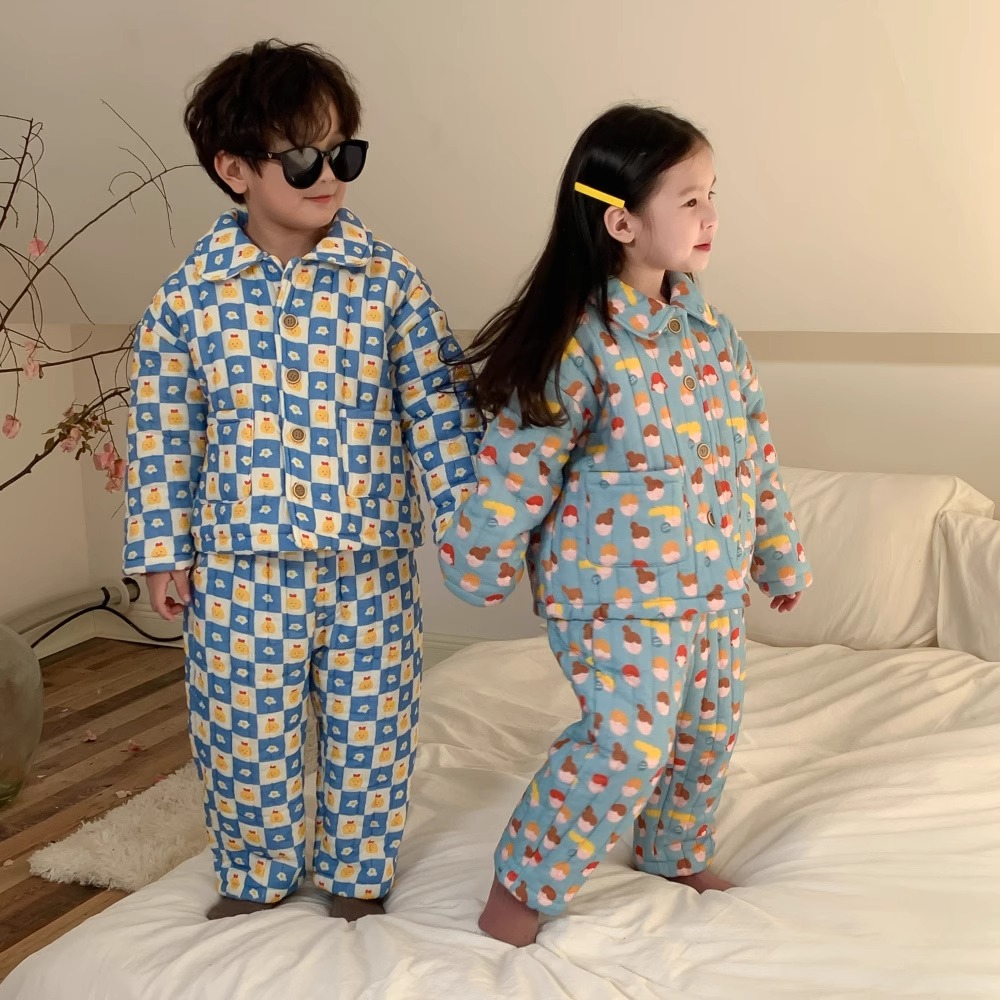 冬季儿童家居服男女童韩版卡通三层夹棉加厚睡衣套装保暖居家服