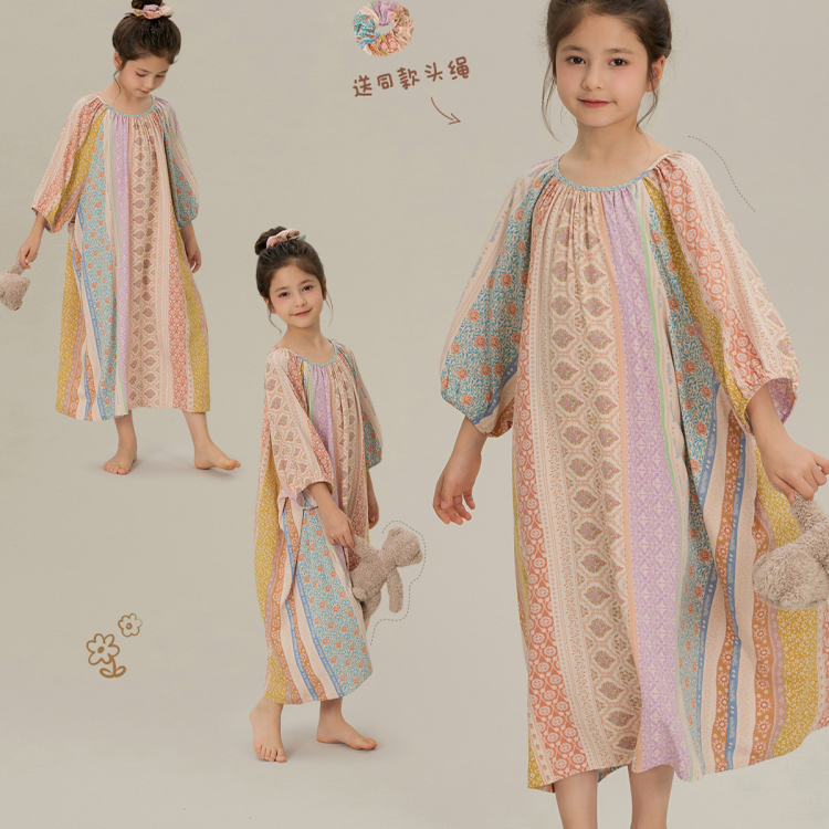 春秋女童连衣裙新款夏亲子家居服洋气撞色宽松休闲中长款大童睡裙