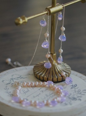 *小夏日*暗恋*薰衣草石英石天然淡水蜜粉珍珠925纯银手链+项链女