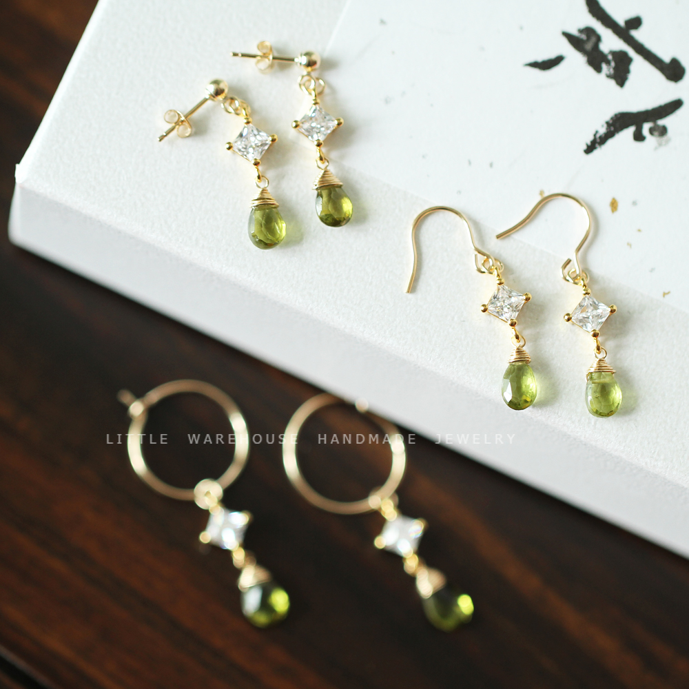 *little*印度进口好品质天然橄榄石水滴菱形锆石包金耳环耳钉耳圈