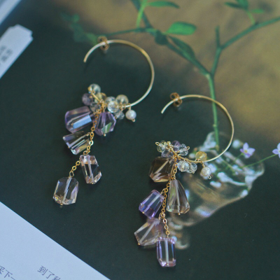 天然黄紫晶耳环耳圈原创