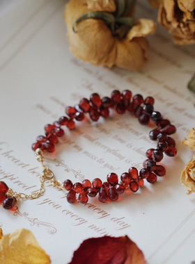 草莓果酱酒红石榴石14K包金手链