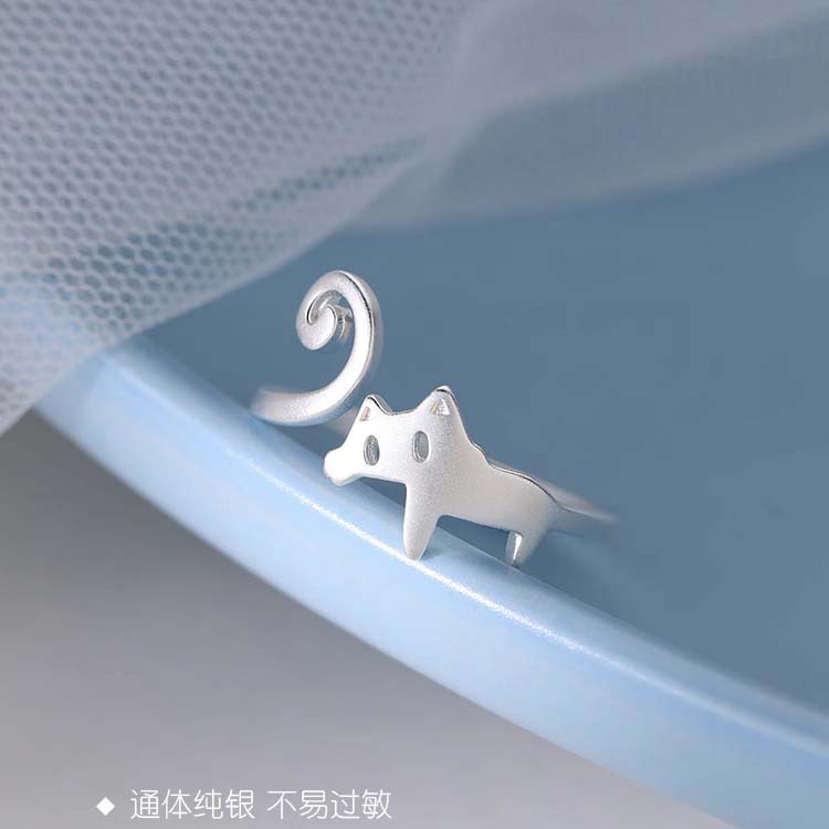 喵喵大人S925纯银创意设计卷尾猫咪戒指女简约可爱喷砂小猫开口戒