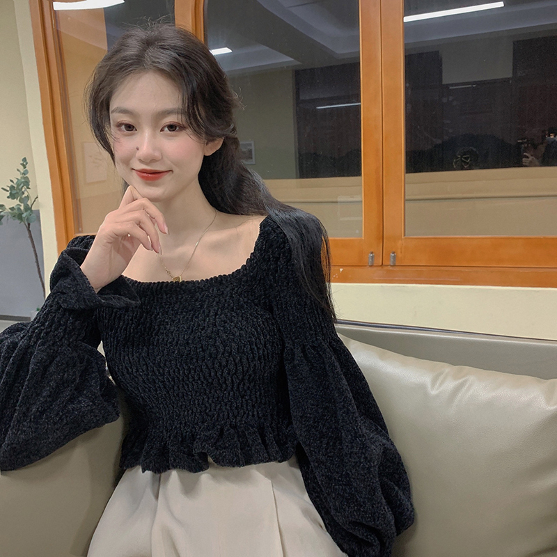 Real shot real price black square collar chenille sweater women's short autumn and winter wear thick top