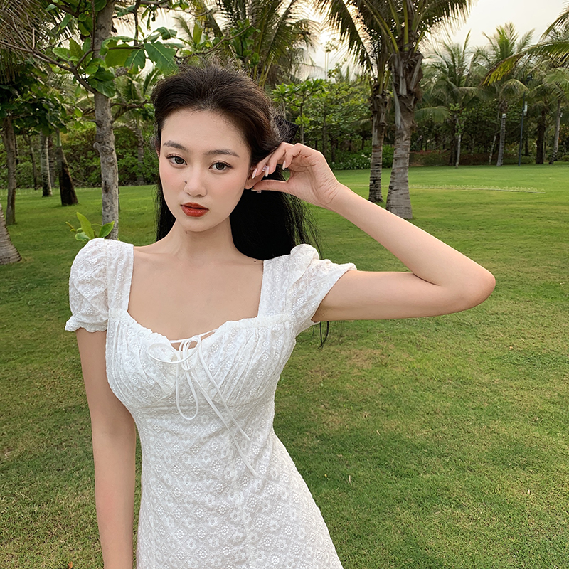 Real price niche collar Hepburn embroidery dress fashion age reducing holiday style white temperament skirt