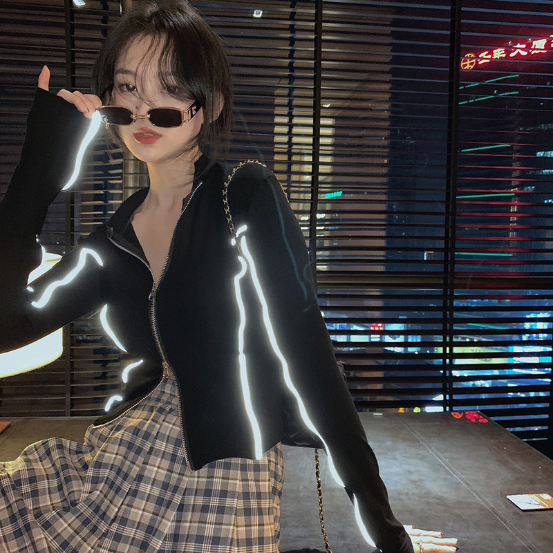 Real shot real price small high collar top women's slim reflective edge design zipper stand collar long sleeve tight jacket