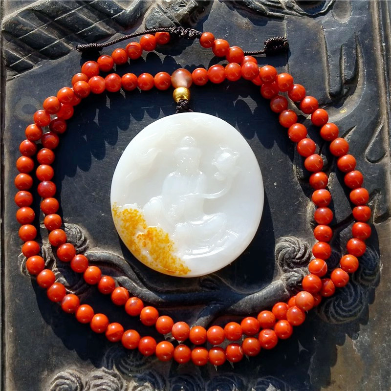 凌=山4288天然新疆和田玉羊脂玉籽料观音牌子108颗南红珠项链证书