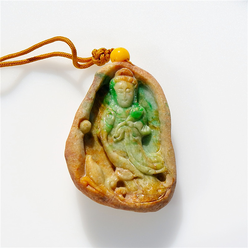 舞=闲8986天然A货缅甸老坑正阳绿黄翡双彩翡翠观音菩萨原石雕刻