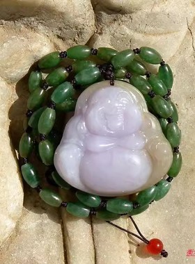 见=花7149天然缅甸A货老坑紫罗兰翡翠佛公阳绿桶珠项链带证书复检