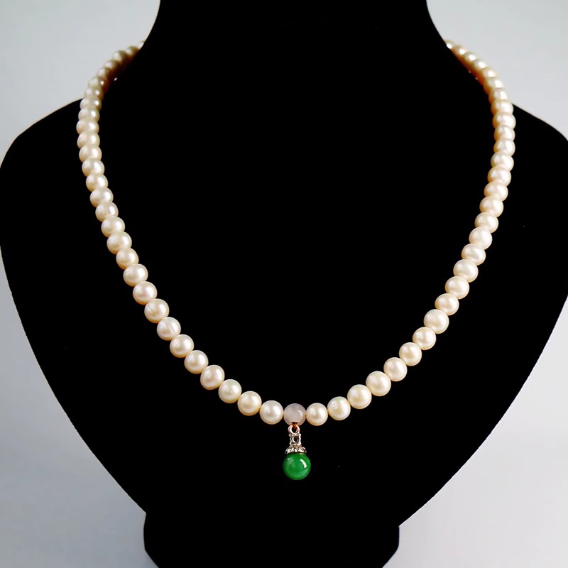 天然A货缅甸老坑翡翠珠珍珠项链