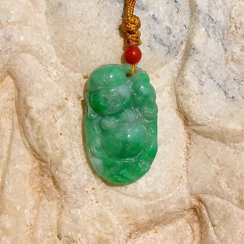 晴=秋1715清代天然A货缅甸阳绿老坑翡翠佛公吊坠挂件手工雕刻证书