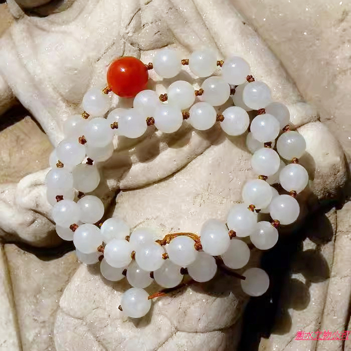 笼=香6331清代天然新疆和田玉白玉籽料珠南红珠项链三圈手链证书