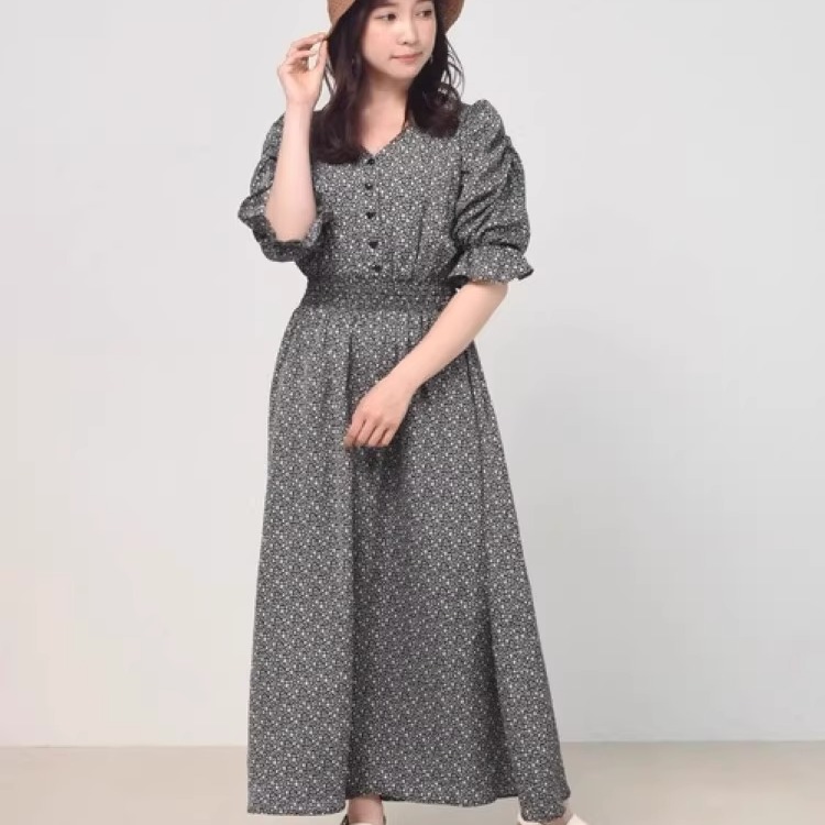 高腰连衣裙碎花松紧腰中袖