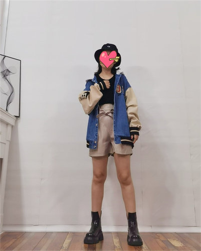 休闲百搭纯棉拼接牛仔棒球服
