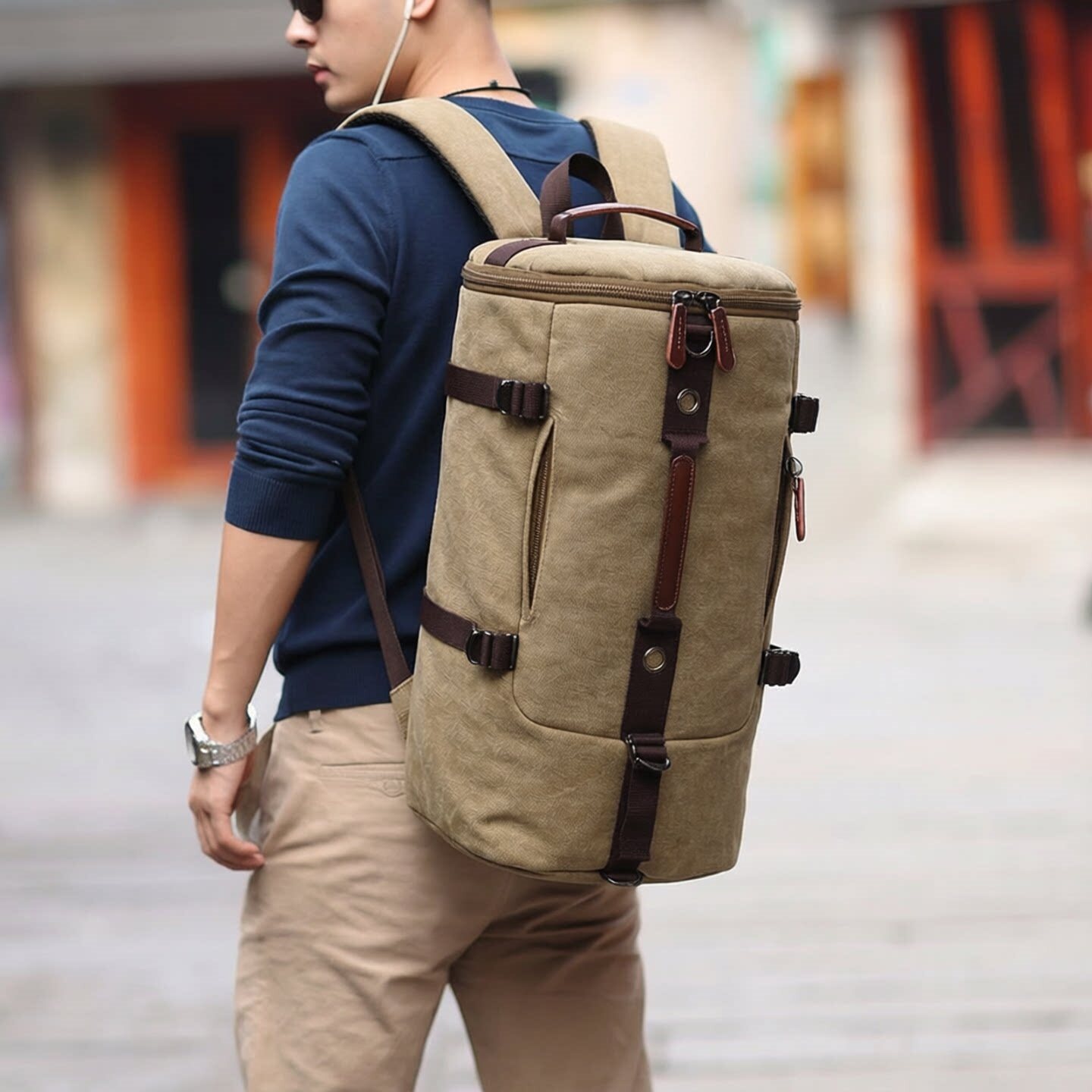 男式背包男款旅行2026新款双肩斜挎男士包包单肩包帆布男包圆桶包