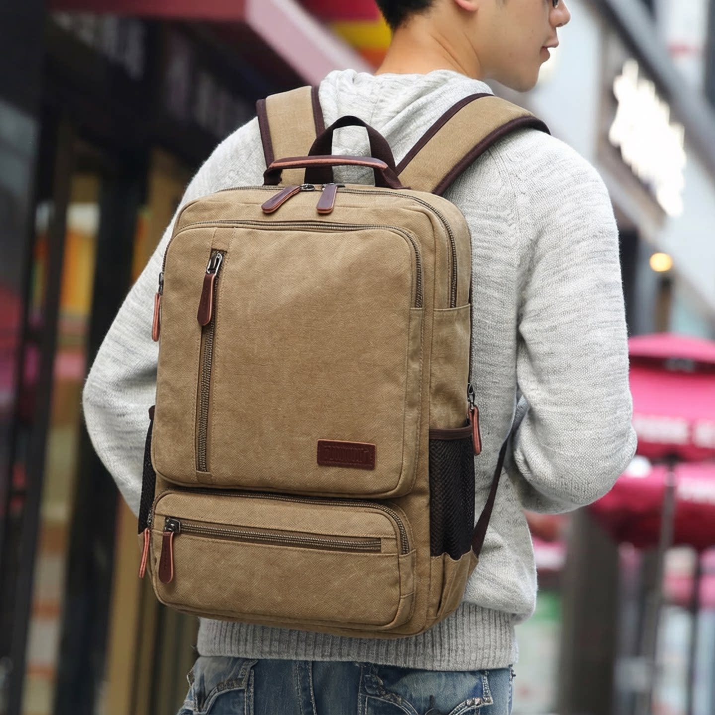 帆布双肩包男款外出旅行背包男士大容量学生书包休闲户外帆布包男