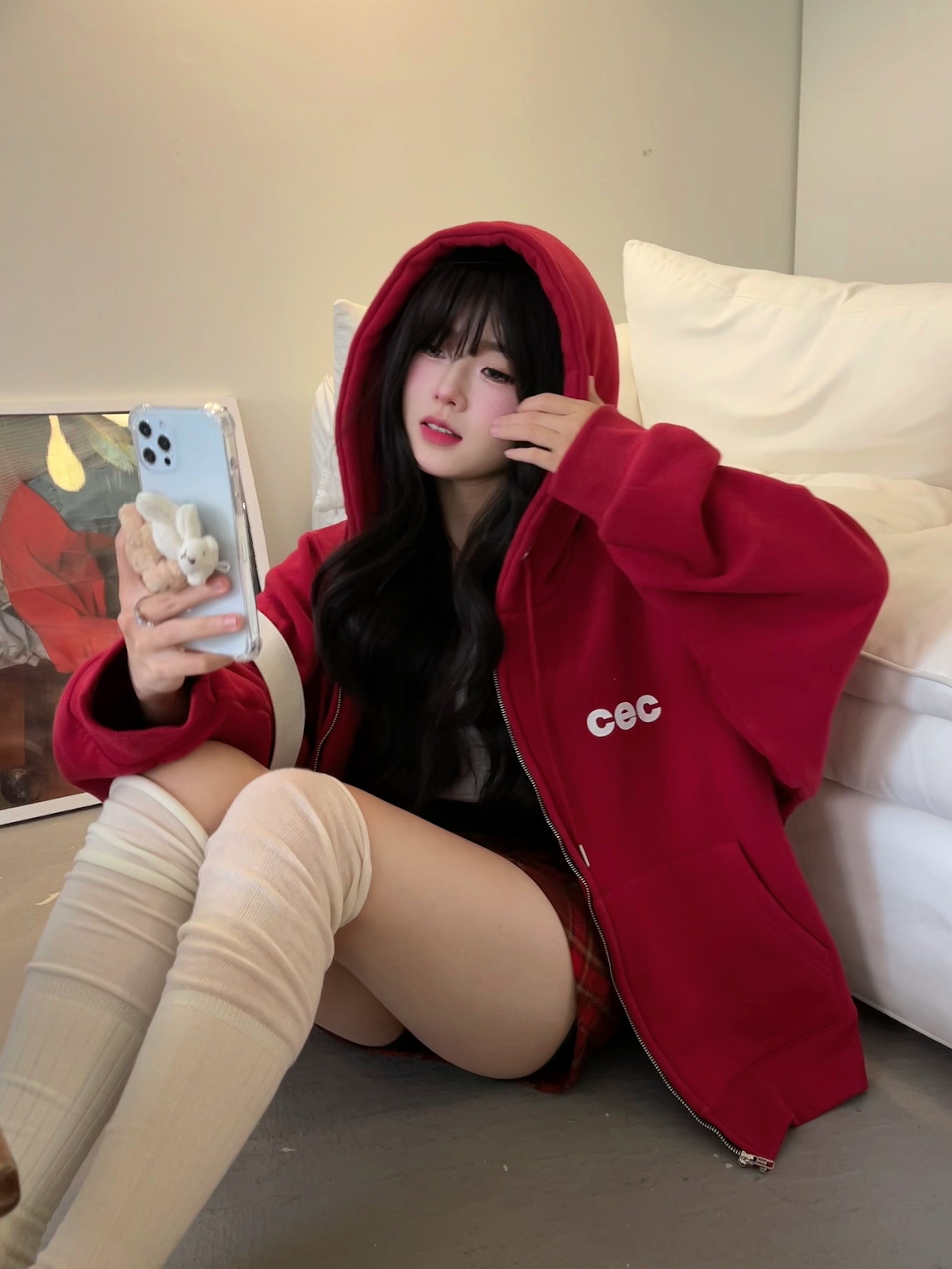 [REコンテナ] CHANCECHANCE23秋冬CEC印花酒红色拉链连帽卫衣外套