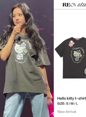 REOY STUDIO定制jisoo金智秀同款复古kitty猫做旧印花宽松短袖T恤