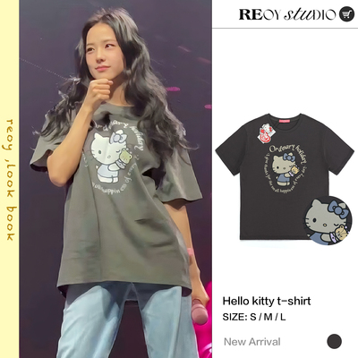 REOY STUDIO定制jisoo金智秀同款复古kitty猫做旧印花宽松短袖T恤