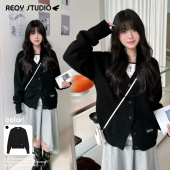 31｜韩系ason复古风黑色V领纽扣外套保暖含6%羊毛针织开衫 NEW