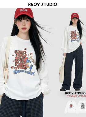 REOY Stu”潮牌YES趣味破墙图案长袖oversize白色圆领打底衫长袖