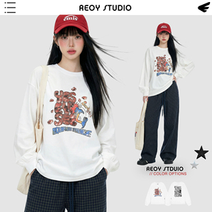 长袖 REOY oversize白色圆领打底衫 潮牌YES趣味破墙图案长袖 Stu