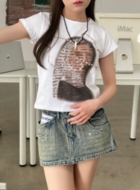 [REコンテナ] 美式abg辣妹复古白色上衣y2k甜辣修身潮牌短袖t恤