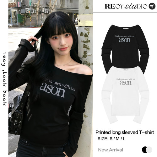REOY Stu”韩版ason字母印花露肩辣妹风修身微透打底衫长袖T恤女